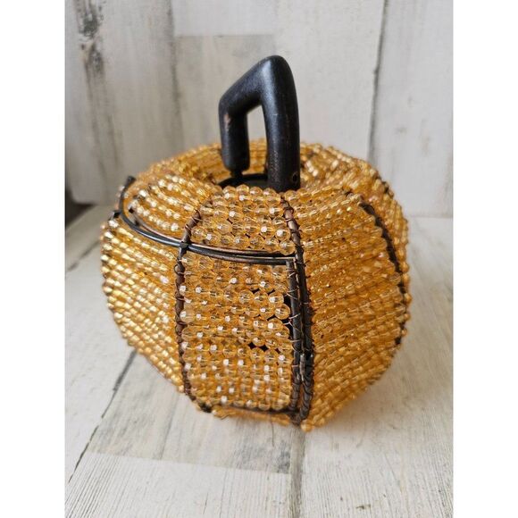 Beaded tea light pumpkin jack-o'-lantern fall Halloween decor metal unique - Picture 1 of 6